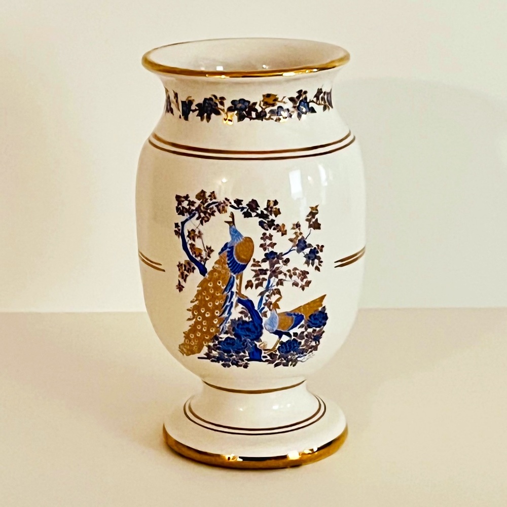 Peacock Porcelain Vase by G.S. Presenta Ltd. Hand Made in Greece 24K Gold Rim